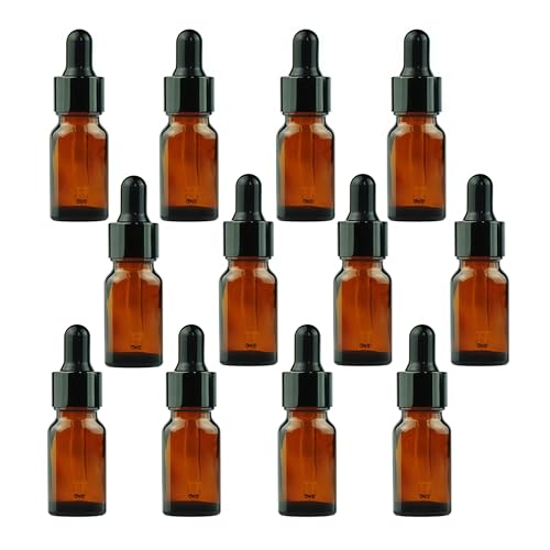 erioctry 5ML/10ML Amber Glass Essential Oil Bottles and Eyed Dropper Black Caps Makeup Cosmetic Sample Container Boxes of Glass for Essential Oil Aromatherapy Use(Pack of 12) (10ML) - size: 10ML