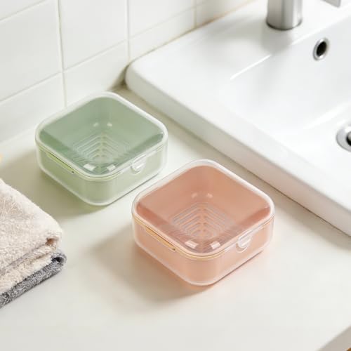Adorila Small Travel Soap Case with Removable Drain Tray, 2 Pack | Shampoo Conditioner Bar Holder, Shatterproof PP Plastic, 3.1 in x 3.1 in Footprint, Light Green+Peach Pink - color: Light Green+peach Pink
