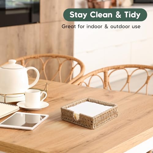 Napkin Holder for Table, Woven Paper Rope Napkin Holders For Paper Napkins, Wicker Napkin Holders for Kitchen Dinner Table Boho Decor and Accessories, Square Napkin Basket and Serving Tray - color: Beige, size: 7.2"L x 7.2"W x 2.2"H