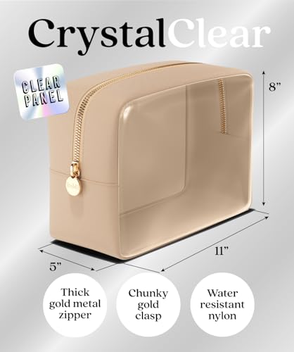 Embla Clear Cosmetic Bag Makeup Case, Clear Zipper Make Up Pouch and Toiletry Travel Tote, Cute Skincare Pouches for Women Girls, Preppy Purse Cosmetic Organizer, Large Makeup Bags, Sand | Large Tan Clear Nylon/PVC Cosmetic Bag with Zipper, Waterproof Bea