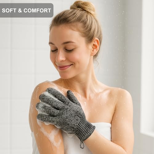 Exfoliating Gloves with Hanging Loop - 1 Pair Bamboo Charcoal Bath/Shower Gloves, Bath Gloves for Shower Exfoliating and Ingrown Hair/Dead Skin Remover - Bamboo Charcoal - Exfoliator Mitt Scrub Gloves - style: 1 Pair Bamboo Charcoal Exfoliating Gloves