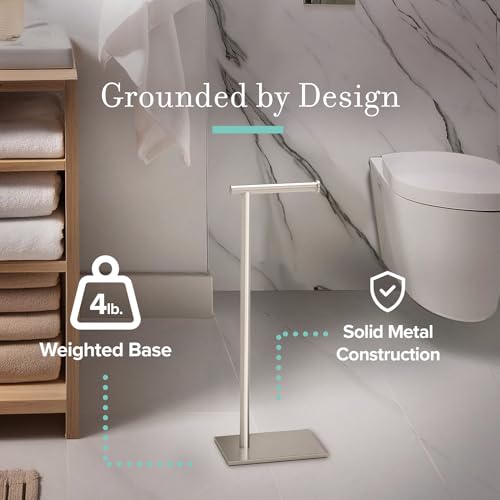 Gatco 1431SN Bathroom Toilet Paper Holder Stand, Freestanding Tissue Roll Holder, Weighted Base, Satin Nickel, 22.25 Inch, Modern Rectangle Base - color: Satin Nickel, 22.25"h