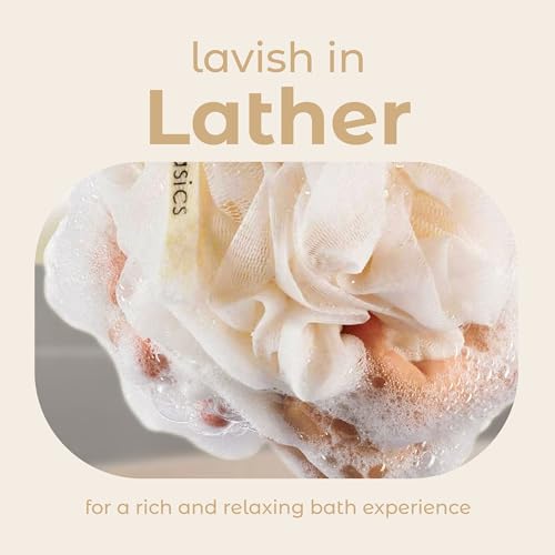 MainBasics Shower Loofah Sponge Pouf, Set of 3, Seaweed Infused | Soft Mesh Body Scrubber and Bath Sponge for Gentle Exfoliation, Rich Lather, and Everyday Shower Use - style: Seaweed
