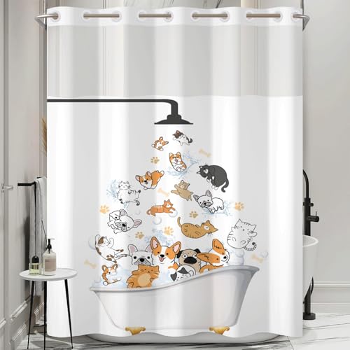 No Hook Shower Curtain and Snap in Liner Set, Cute Cartoon Cats & Dogs Bath Time Print Shower Curtains for Kids Pet Lovers Bathroom, Funny Waterproof Bath Curtain with Mesh Top, 71x74 Inch - color: Cat & Dogs