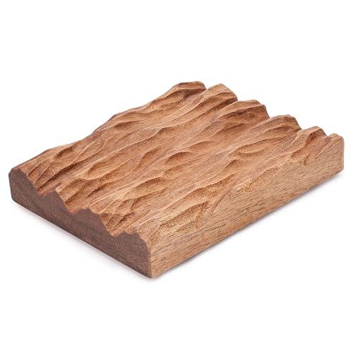Acacia Wooden Soap Dish with Self Draining, Funny and Modern Multi Shape Design, Soap Holder for Sink Countertop, Shower & Bathroom Soap Tray。 (Wave-4.72“x3.47"x0.86") - size: Wave-4.72“x3.47"x0.86"