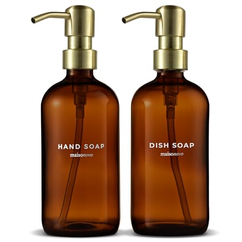 MaisoNovo Soap Dispenser 2-Piece Set | 16.9oz Amber Bottles with Gold Stainless Steel Pump Core - color: Amber/Gold