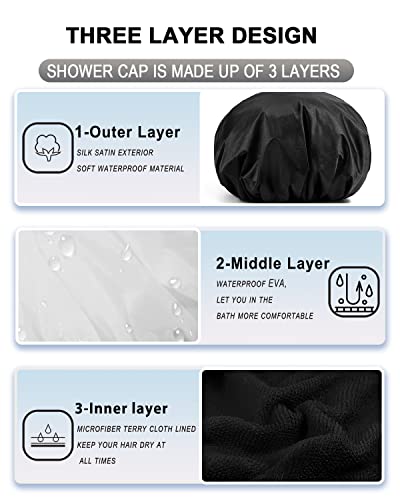 YIZIJIZI Terry Lined Shower Cap, Triple Layer Large Cap for Women, Reusable Waterproof for Long Thick Hair, Black - color: Black