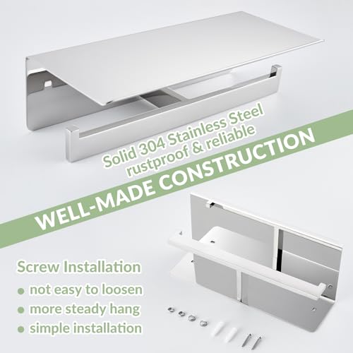 APLusee Double Toilet Paper Holder with Phone Shelf, 304 Stainless Steel Bathroom Tissue Hanger, Wall Mounted Dual Roll Paper Dispenser, Polished Chrome - color: Polished Chrome, size: Double Rod