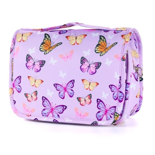 Kids Hanging Toiletry Bag for Girls, Travel Toiletry Bag for Little Young Girls Cosmetic Makeup Waterproof Wash Bag Toddler Traveling Toiletries, Butterfly Purple - color: Butterfly-Purple