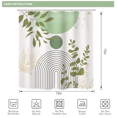 Riyidecor Boho Light Green 4Pcs Bathroom Shower Curtain Sets Mid Century Modern Minimalist Abstract Bathroom Decor Set with Rugs and Accessories Leaf Toilet Lid Rug, Contour and Bath Mat with 12 Hooks - color: 04light Green