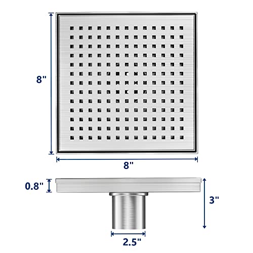 Neodrain Square Shower Drain with Removable Quadrato Pattern Grate, Brushed 304 Stainless Steel Square Drain, with Watermark&CUPC Certified, Hair Strainer (Stainless, 8 in) - color: Stainless, size: 8 IN