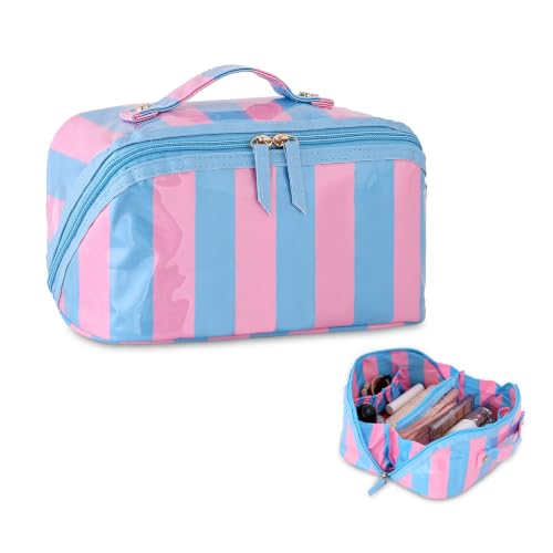 DYSHAYEN Stripe Travel Makeup Bag with Compartments Clear Coated Cosmetic Bag for Women, Waterproof Portable Open Flat Toiletry bag （Blue-Pink） - color: Blue-Pink