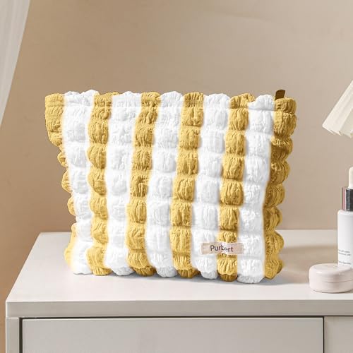 Bubble Cloud Makeup Bag - Large Capacity Travel Cosmetic Organizer | Puffy quilted design, smooth zipper, cute aesthetic makeup pouch, ideal for daily storage, travel, for women, girls - color: Yellow - White