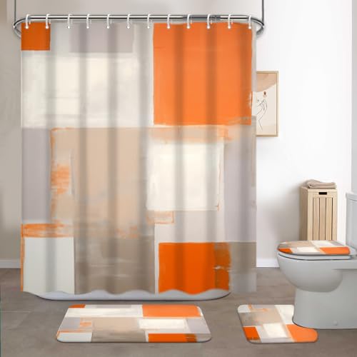 Lnond 4Pcs Bathroom Shower Curtain Sets with Rugs,Orange Brown Painting Art Bathroom Sets with Shower Curtain and Rugs and Accessories - color: Orange Brown White