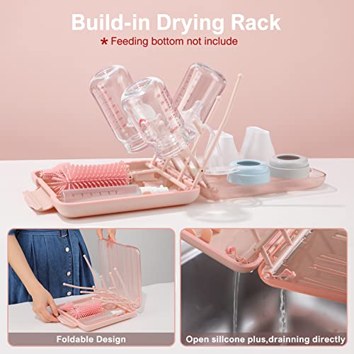 6 in 1 Baby Bottle Cleaner Set with Drying Rack,Silicone Baby Bottle Brush,Straw Brush,Nipple Brush,Soap Dispenser and Storage Box, Portable Baby Essentials for Home&Travel(Pink) - color: Pink