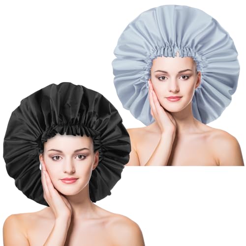 2 PCS Large Shower Cap for Braids - Waterproof Shower Cap for Women, Reusable XL Plastic Shower Caps Jumbo Bath Bonnet for Long Thick Curly Hair, Locs, Twist Braids (Black, Grey) - color: Black+Grey