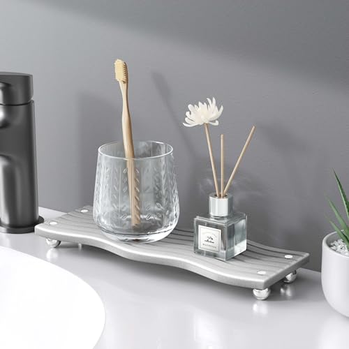 Water Absorbing Stone Tray for Sink, Diatomite Drying Stone for Kitchen Bathroom Counter, Decorative Raised-Feet Vanity Tray, Sink Caddy Organizer for Dish Soap & Sponge Holder [Grey, 12'' x 4''] - color: Light Grey, size: 12" x 4" x 1.1"