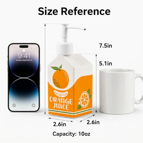 Ceramic Orange Juice Bottle Soap Dispenser, Refillable Lotion Pump Bottle for Bathroom Kitchen Dish Soap | Cute Funny Design, Refillable, Reusable, 300ml/10oz - color: Juice