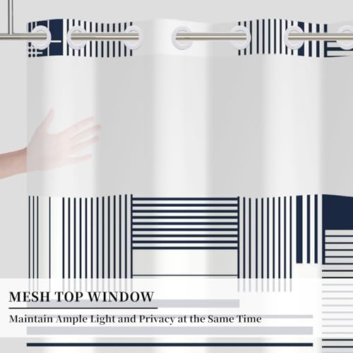 No Hook Geometric Shower Curtain with Snap in Liner, 71x74 Inch | Navy Blue Modern Line Pattern Shower Curtains for Contemporary Bathroom, Mesh Top Window Waterproof Washable Fabric - color: Dark Blue