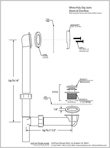 Westbrass A593244-62 14" x 1-1/2" White Tubular Bathtub Waste & Overflow Assembly with Tip-Toe Drain Plug and 2-Hole Faceplate, Matte Black - color: Matte Black, size: 1 Pack