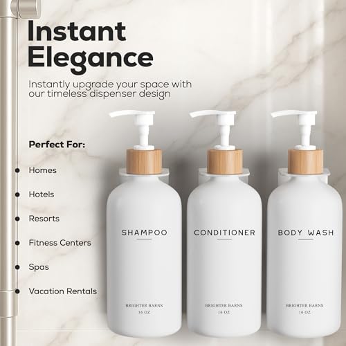 White Shampoo and Conditioner Dispenser Set Wall Mounted by Brighter Barns - Shower Dispenser 3 Chamber No Drill - Refillable Shampoo and Conditioner Bottles for Shower Wall in Airbnb, Hotel (White) - color: Boho (White)