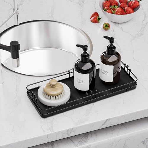 Bathroom Vanity Tray for Countertop Toiletries Perfume Makeup Soap Dispenser Toilet Tank, Kitchen Tray for Salt Spice, Black Decor Tray for Candle Nightstand Coffee 11.3”x 4.4” - color: Black + Black, size: 11.3" x 4.4" x 1.6"