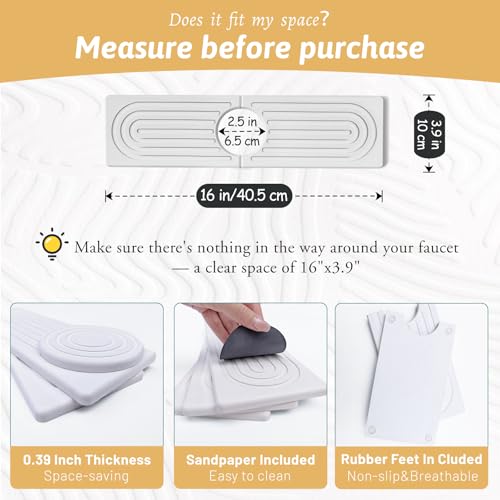 Faucet Mat for Kitchen Sink with Sandpaper, Diatomaceous Earth Faucet Splash Guard, Fast Drying Sink Protector Stone, Water Absorbing Stone Mat for Bathroom Sink Counter, Gift for Mother's Day, White - size: 16" x 3.9"
