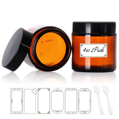 4oz Airtight Glass Jars with Lids, 2 Pack Amber Empty Small Cosmetic jars | Small Cosmetic Containers with Inner Liners, Leak-Proof Travel Jars for Lotions, Scrubs, and Candle Making, Labels & Spatulas - color: Amber-4oz-2pcs