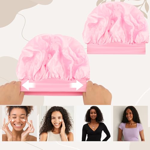 Pink Headband Hair Bonnet For Sleeping Shower Cap For Women Reusable Waterproof Skincare Head Bands Hair Accessories For Women Satin Bonnet Spa Headband Wrist Bands for Washing Face