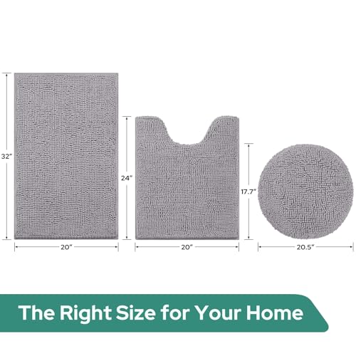 HOMEIDEAS Bathroom Rugs Sets 3 Piece, Chenille Bath Rugs Soft Absorbent Non Slip Washable Bath Mats with Toilet Lid Cover, Perfect for Bathroom(Grey) - color: Grey, size: 20"x32"+U 20"x24"+Cover 18"x21"