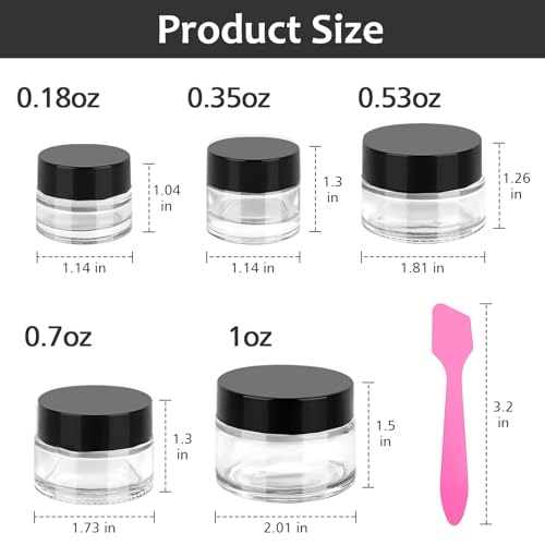 Accmor 10 Pcs Mini Travel Containers, Small Glass Jars with Black Lids, 0.18/0.35/0.53/0.7/1 OZ Makeup Sample Containers, Inner Liners & 5 Spatulas, LeakProof Jars for Creams, Lotion, Essential Oils - color: Black