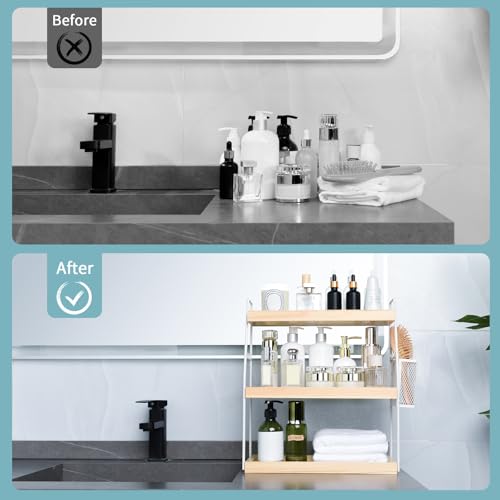 Uneviesyka Bathroom Counter Organizer, 3-Tier Standing Storage Shelf with Basket, Wood Tray for Skincare Vanity Organizer(White) - style: 3 Tier White
