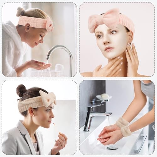 WSYUB Spa Headband and Wristband Set, Face Wash Headband, Makeup Skincare Headbands Wrist Bands for Washing Face,Easter Basket Stuffers,6pcs - color: Khaki and Tooth Pink