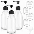 8 oz Clear Glass Pump Bottle, 250ml Small Lotion Dispenser Bottle for Body Massage Oil, Refillable Empty Hand and Dish Soap Dispensers Set with Labels - 3 Pack - color: Clear