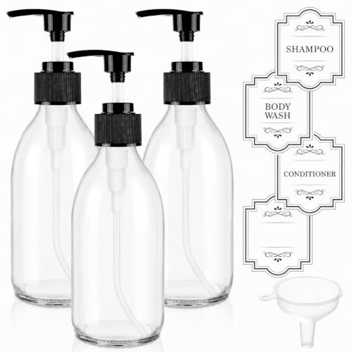 8 oz Clear Glass Pump Bottle, 250ml Small Lotion Dispenser Bottle for Body Massage Oil, Refillable Empty Hand and Dish Soap Dispensers Set with Labels - 3 Pack - color: Clear
