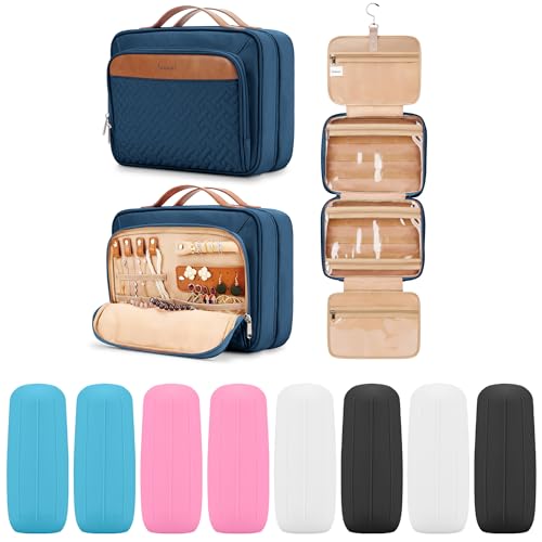 COOSKY Travel Hanging Toiletry Bag for Women, Large Makeup Bag 8 Leak Proofing Silicone Bottle Covers, Waterproof Cosmetic Bag with Jewelry Organizer Compartment, Toiletries Kit Set, Navy Blue - color: Navy Blue, size: Large*1 + Leak Proofing Bottle Cover
