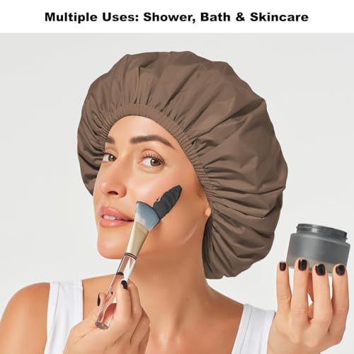 2 Pack Shower Caps for Women, Reusable Waterproof Shower Cap with Elastic Band, Thickened Waterproof Fabric Shower Bonnet for Braids, Long Hair - color: Mist Blue/Mocha Taupe