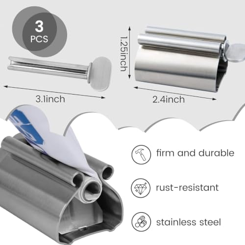 LOVEINUSA Toothpaste Tube Squeezer Dispenser, 3 PCS Toothpaste Roller | Squeezer Tool Metal Stainless Steel Tooth, Paste Holder for Bathroom, Silver - color: Silver