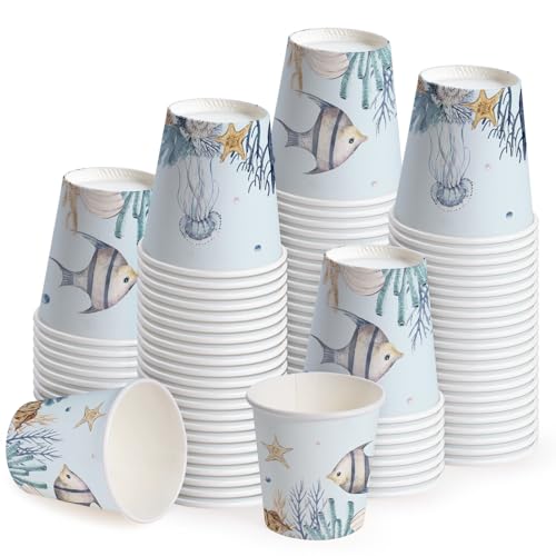 WRAPAHOLIC 3oz Paper Cups - 100 Pack Disposable Bathroom Cups with Undersea Fish Design, Small Mouthwash Cup for Toothbrush Rinse, Home Bathroom, Picnic, BBQ, Travel and Party - color: Blue Seafish