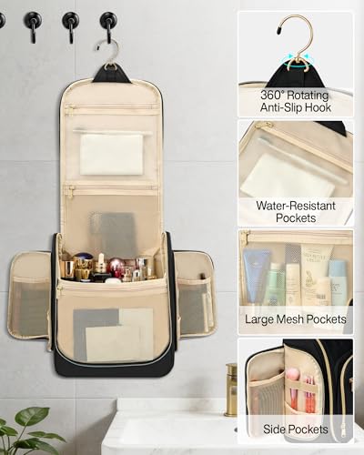 Hanke Hanging Travel Toiletry Bag for Men and Women, Water-Resistant Toiletries Bag Makeup Organizer with Hook, Cosmetic Bag for Bathroom & Travel Essentials Accessories, Black - color: Black