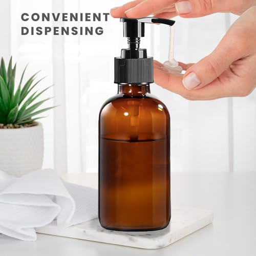 12 Pack 8 oz Amber Glass Bottles with Pumps for Essential Oils, Cleaning Products, Lotions, Aromatherapy Oil, Pump Bottles, Refillable Containers with Cap, Funnel, 12 Chalk Labels, 1 Pen - size: 8 oz Amber 12Pack