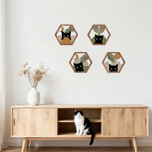 HPNIUB Boho Black Cat Wall Decor, Farmhouse Geometric Hanging Wooden Wall Art, 4 Pieces 11''x9.8'' Mid Century Bohemian Abstract Moon and Sun Wood Sign for Nursery Bedroom Decoration, Lovely Cat Gifts - color: Black cat[green style]