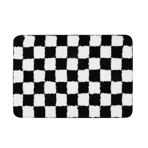 Uphome Bath Mats for Bathroom, Black and White Checkered Machine Washable Bathroom Rug Non Slip, 18x26 Water Absorbent Soft Microfiber Bathroom Mat for Tub, Shower, Floor - size: 18x26 inch