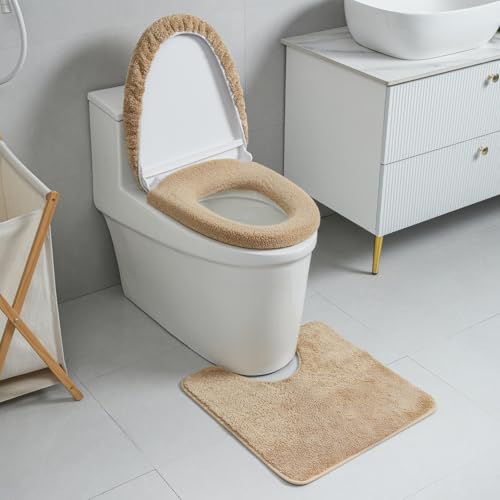 3piece Toilet Seat Cover Set - Toilet Seat Cover +Toilet Lid Cover + toilet rugs u shaped washable, Fits Most Elongated Round and Oblong Toilet(Machine Washable,Quick-Dry) brown - color: Brown
