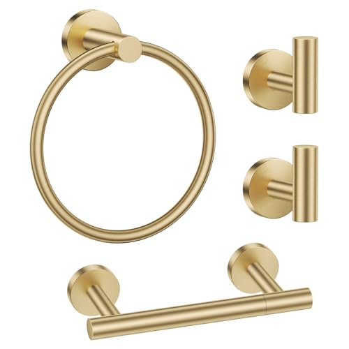 Lairuier Brushed Gold Towel Holder Set Include Double Bases Toilet Paper Holder,Towel Ring and 2 Towel Hooks Stainless Steel Wall Mounted Bathroom Hardware Accessories Set - color: Brushed Gold, size: Set B