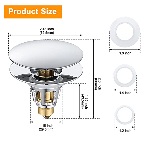 Universal Bathroom Sink Stopper, 1.1~1.5" Sink Drain Stopper, Full Size Bounce Bullet Type Pop Up Basin Drain Strainer, Chrome Anti-Clogging Sink Drain Filter with Hair Catcher (Silver) - color: Chrome, style: Large Lid