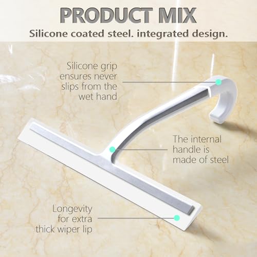 Shower Squeegee for Glass Doors – 10" Silicone Squeegee with Built-in Hook, One-Piece Seamless Design, Streak-Free & No-Scratch Window Cleaner for Bathroom, Mirrors & Tiles (White) - color: White, size: 10 Inch