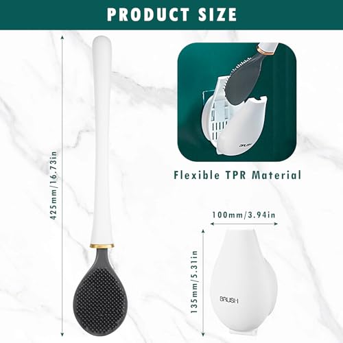Modern Flexible Silicone Toilet Caspa, Silicone Toilet Bowl Brush and Holder Set, Flat Flexible Brush Holder Set, Water Drop Toilet Brush, Toilet Wand Cleaning Kit Wall Mounted, White