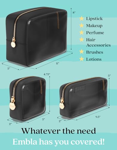 Clear Cosmetic Bags Set of 3, Mini Small Large Makeup Bags For Women Clear Pouch Cosmetics Cases Zipper Cute Pouches Make Up Travel Toiletry Essentials Preppy Purse Organizer Makeup Cases, Black | Large, Medium & Small Clear Nylon/PVC Cosmetic Bags with Z