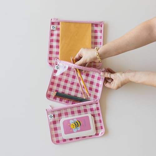 Tiny Twinkle Diaper Bag Organizing Pouches|3 Pack Mess-Proof Clear Front Travel Organizer Bags&TSA Approved Toiletry Bag Set for Baby and Mom Essentials - color: Raspberry Gingham